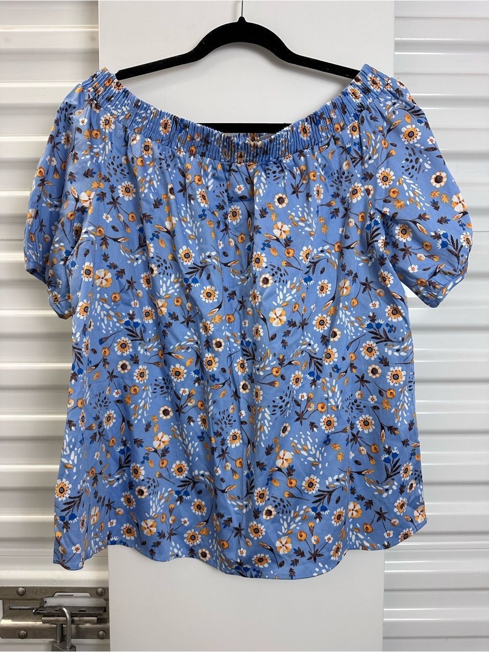 Martha Stewart Light Blue Floral Off-Shoulder Puff Sleeve Blouse